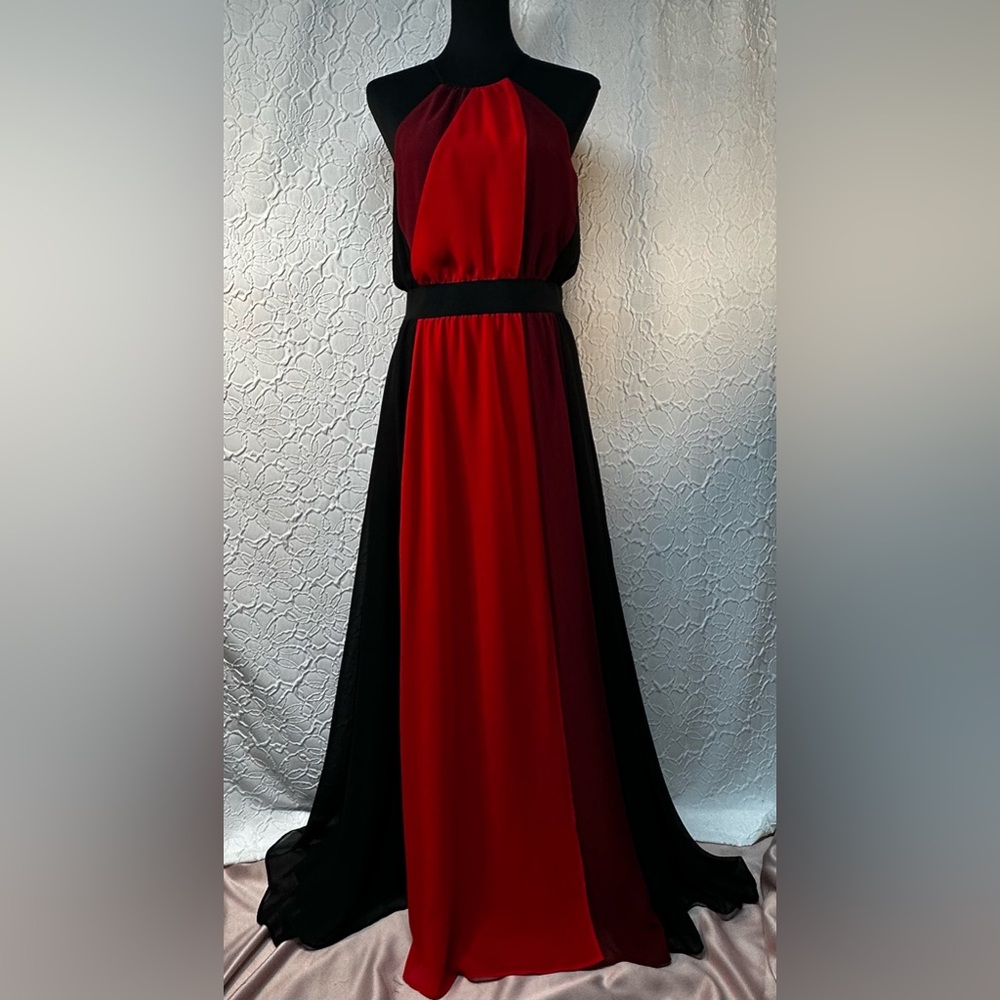 Eva Mendes-Women’s Red, Orange & Black Sleeveless Maxi Dress (S)